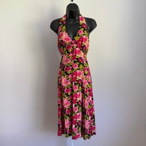 Roberta Floral Halter Dress size 10 Pink Green Black Midi Open Back Summer Party
